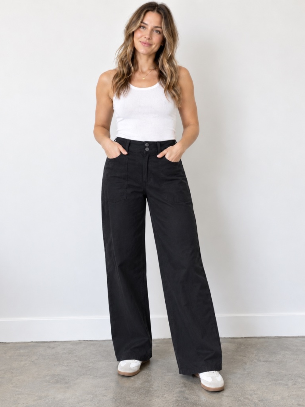 Maeve The Naomi Black Wide-Leg Women’s Pants with Front Patch Pockets